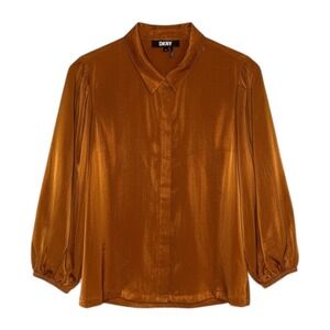DKNY Women's Orange Metallic Textured Button Up Shirt Blouse Top XL‎